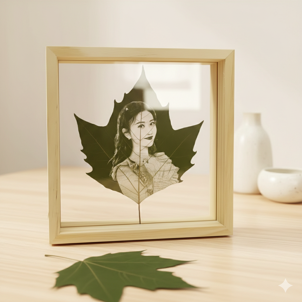 Personalisiertes Foto auf Sycamore-Blatt graviert in Galerierahmen