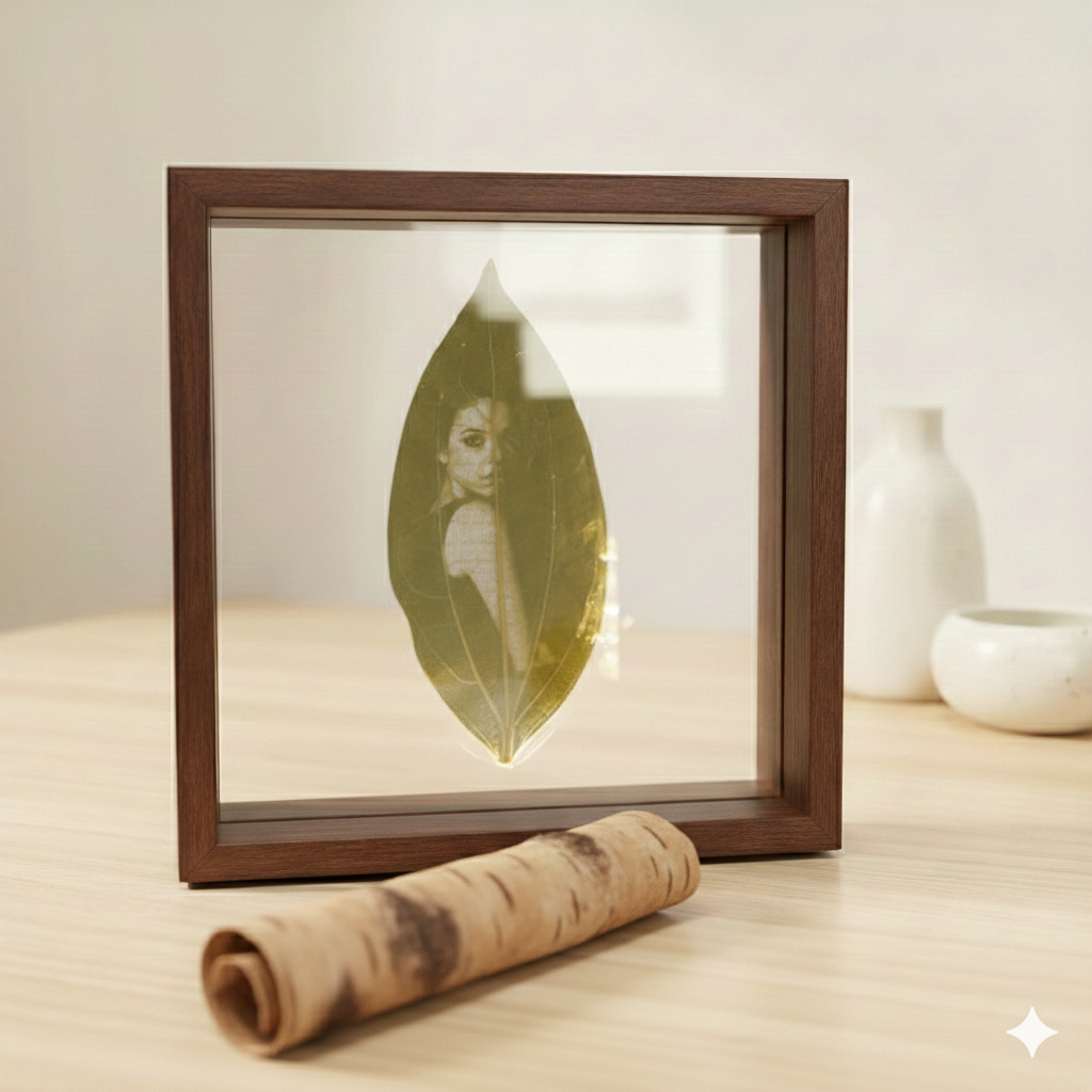 Zimtbaum-Blatt mit Laser-graviertem Foto im Rahmen